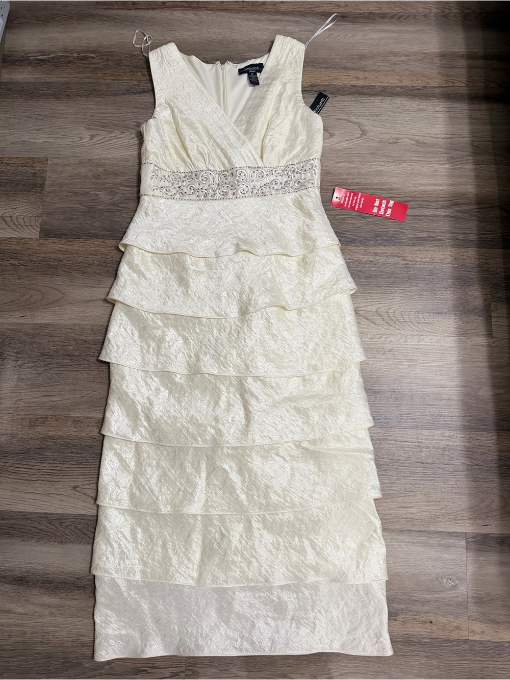 R&M Richards Ivory Tiered V-Neck Dress with Beaded Waist